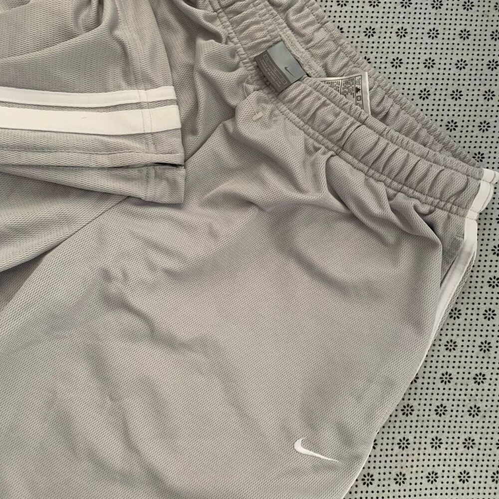 Vintage Nike Gray White Stripe Polyester Track Pants Athletic XL Swoosh Logo